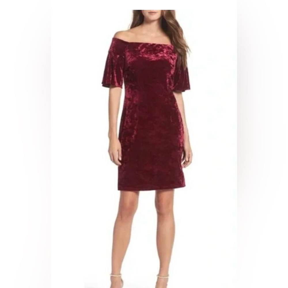 Eliza J Burgundy Velvet Off-Shoulder Dress